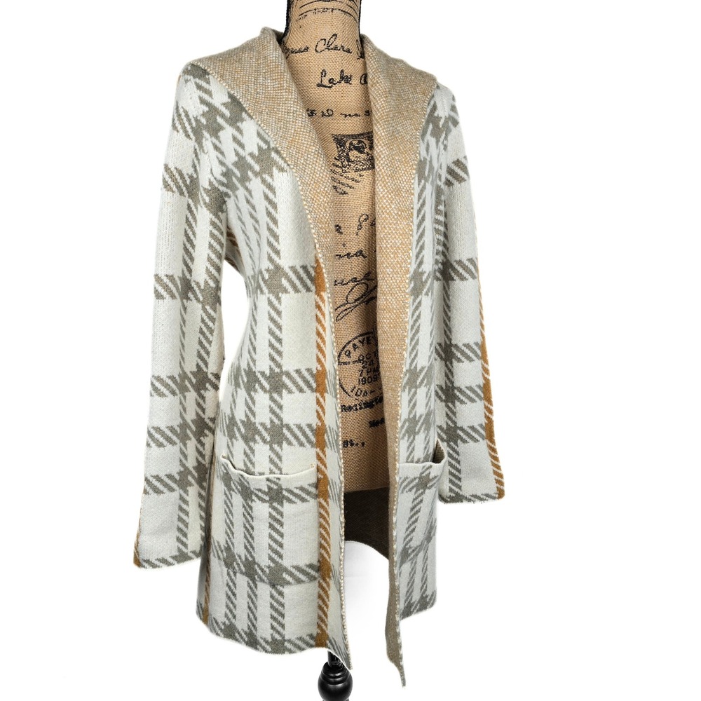 Cyrus Hooded Cardigan Sweater Small Cream Tan Grey Houndstooth Plaid E511907